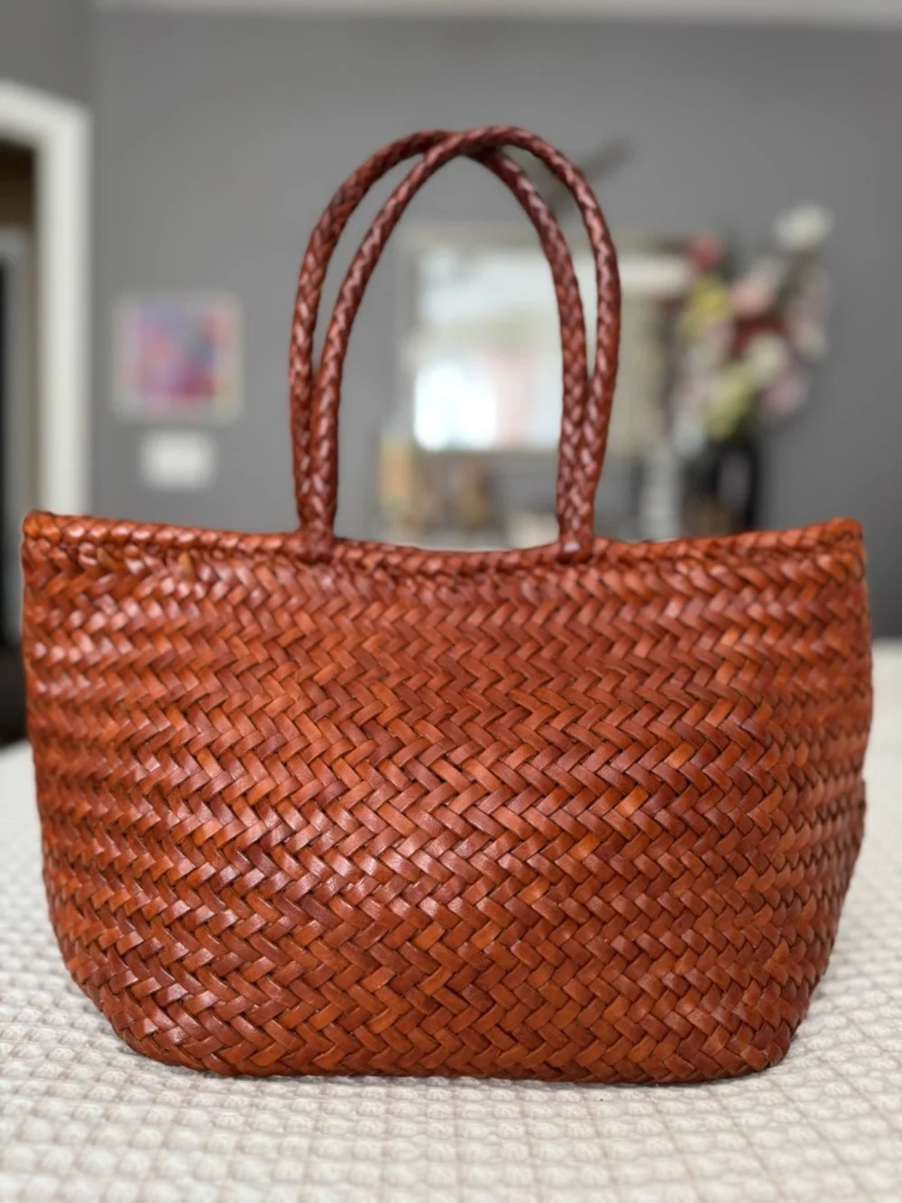 Dragon Diffusion Grace Basket Small Woven Buffalo Leather Tote / Tan - Picture 2 of 8